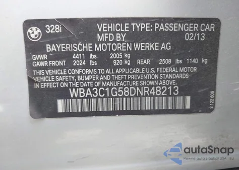 2013 BMW 328I из США, поврежденный, VIN WBA3C1G58DNR48213